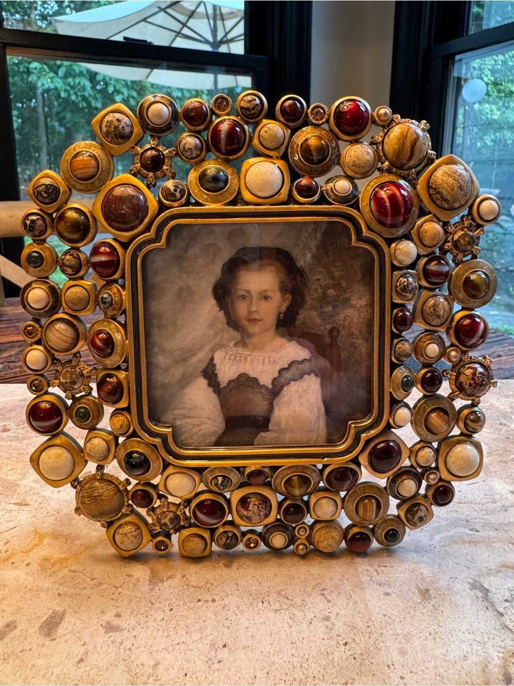 RETIRED Jay Strongwater Gold Jeweled Frame with Burgundy and Cream Cabochons